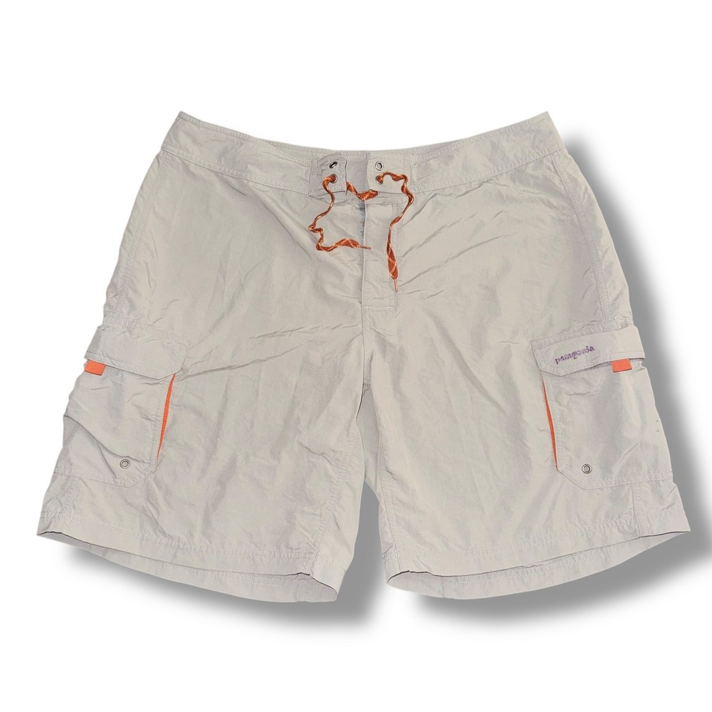 Patagonia‎ Mens Gray Orange Nylon Board Shorts Swim Trunks Size 36 Cargo Pockets